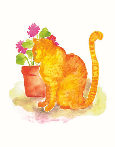 Yellow Cat and Geraniums watercolor card