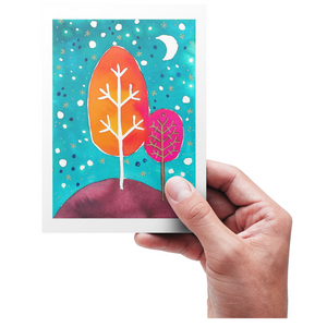 Whimsical Night Trees watercolor card