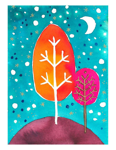 Whimsical Night Trees watercolor card